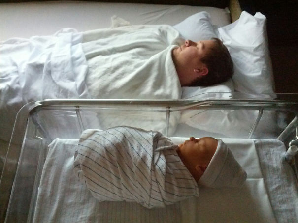 Twin Burritos! My Husband And Our Newborn Son, Sleeping In The Hospital