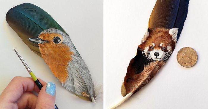 I Paint Realistic Animal Portraits On Delicate Feathers