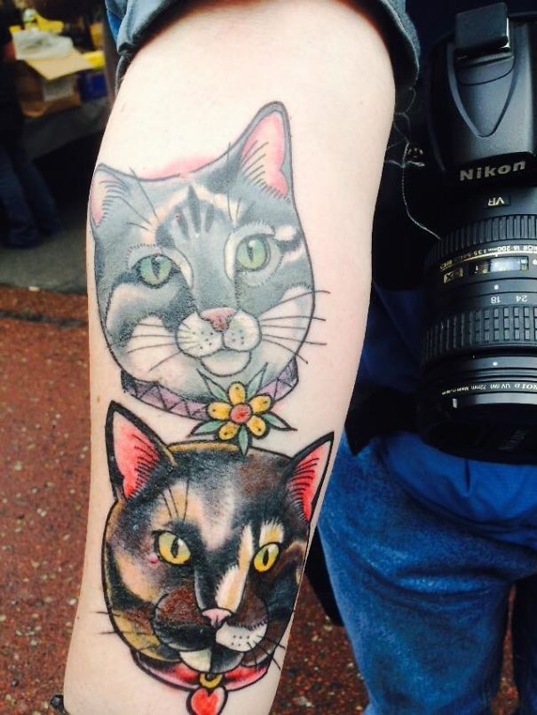 Arm displaying colorful cat tattoos with floral accents, ideal for cat tattoo inspiration.