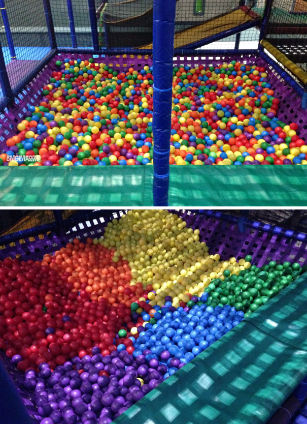 Colorful ball pit organized in rainbow order, satisfying every perfectionist's soul.