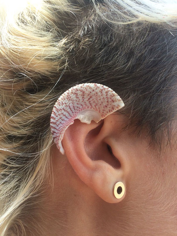 A seashell perfectly matches the contour of a person's ear, satisfying every perfectionist's eye with its symmetry.