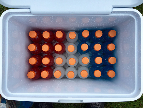 Neatly arranged red, white, and blue bottles in a cooler, perfectly satisfying a perfectionist’s eye.