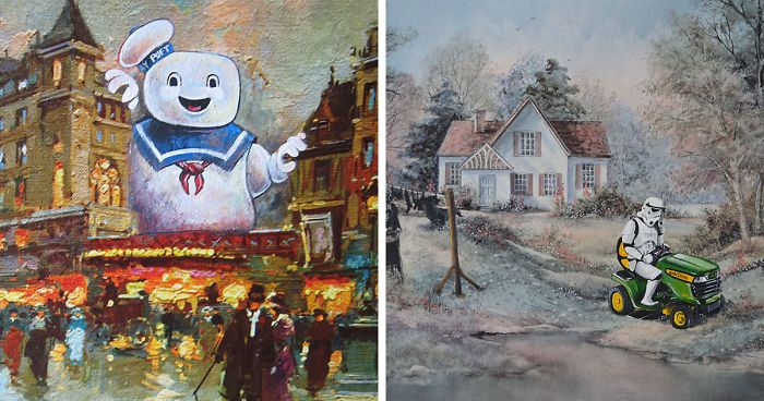 I Add Pop-Culture Characters Into Old Thrift-Store Paintings