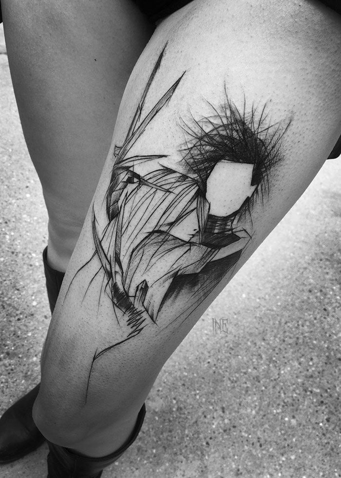 Sketch tattoo art on a leg, showcasing the beauty of imperfection by a Polish tattoo artist.