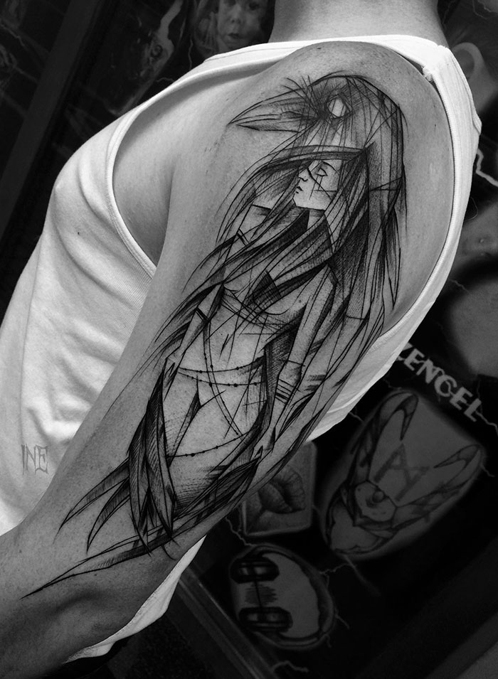 Arm tattoo by Polish artist, showcasing beautiful sketch style of imperfection, features abstract figure with bird elements.