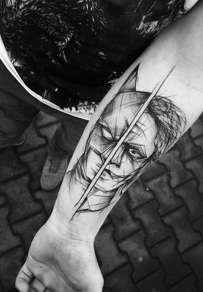 Sketch tattoo on forearm by Polish artist, showcasing beauty of imperfection with unique linework.