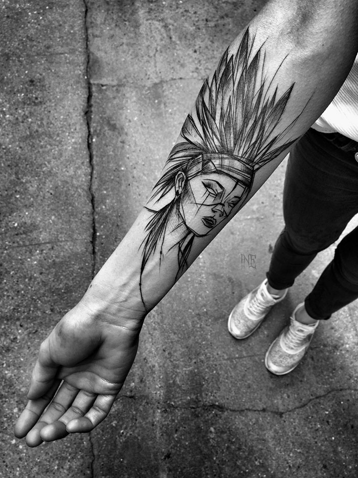 Sketch tattoo on forearm by Polish tattoo artist, showcasing beauty in imperfection with an artistic design.