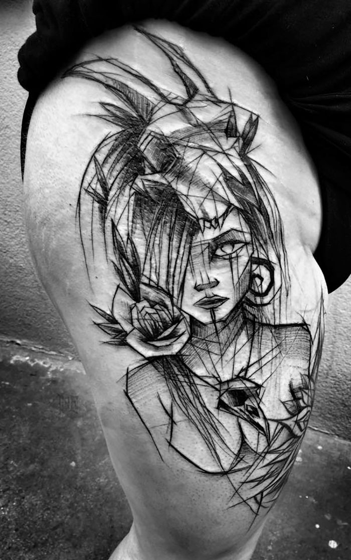 Sketch tattoo by Polish artist showcasing beauty in imperfection, featuring abstract lines and floral elements.