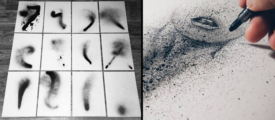 A Very Different Style Of Drawing Portraits, With Stippling And Spray Paint