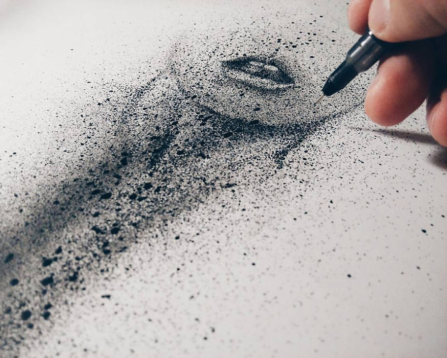 A Very Different Style Of Drawing Portraits, With Stippling And Spray Paint