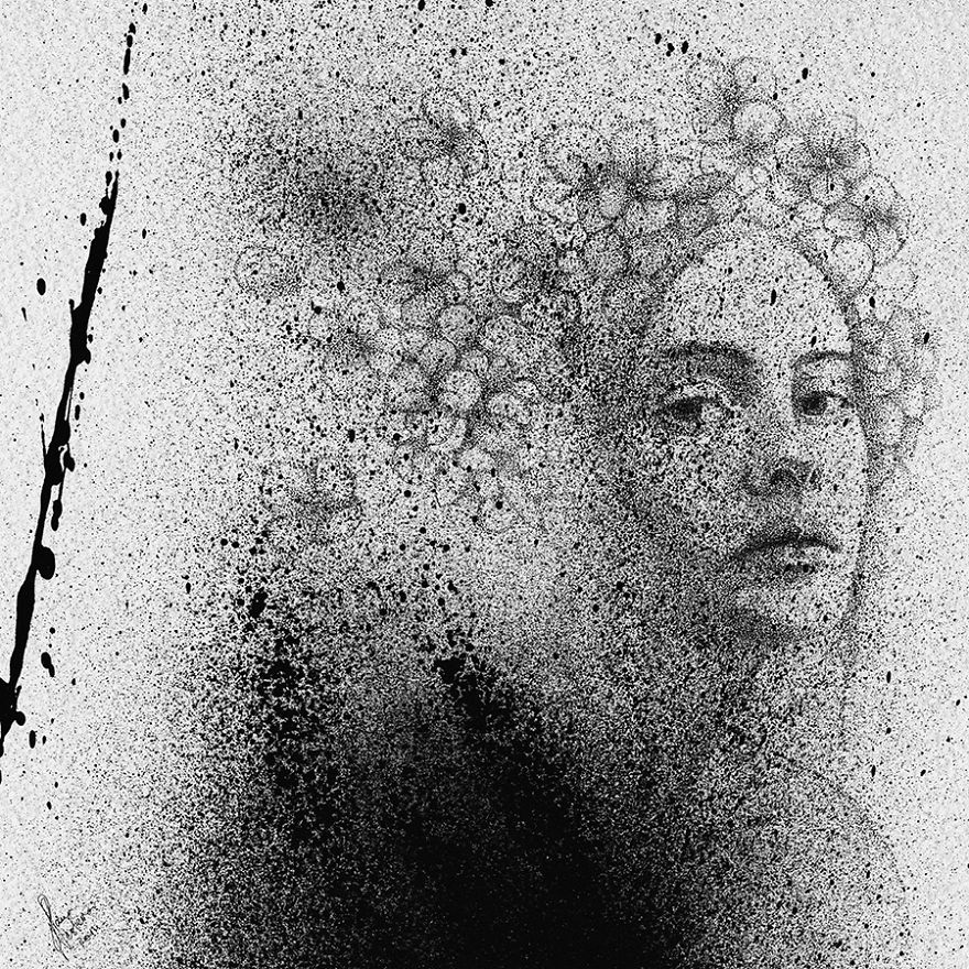 A Very Different Style Of Drawing Portraits, With Stippling And Spray Paint