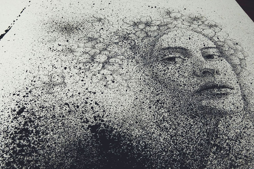 A Very Different Style Of Drawing Portraits, With Stippling And Spray Paint