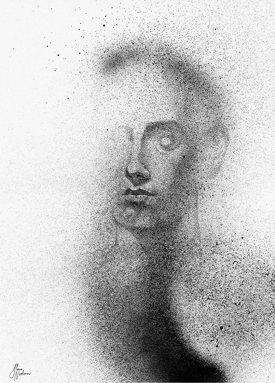 A Very Different Style Of Drawing Portraits, With Stippling And Spray Paint