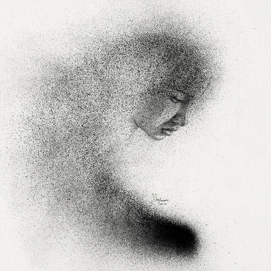 A Very Different Style Of Drawing Portraits, With Stippling And Spray Paint