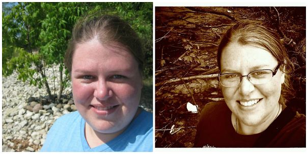 Side-by-side before-and-after pics of a woman showing changes after stopping drinking in an outdoor setting.