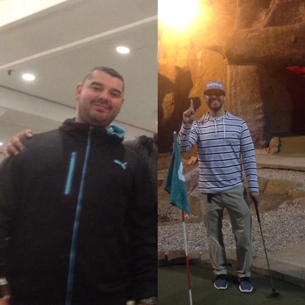 Before and after images showing a man's transformation after he stopped drinking alcohol.