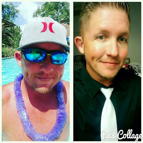 Man showing a clear before and after transformation with improved skin and appearance after quitting drinking