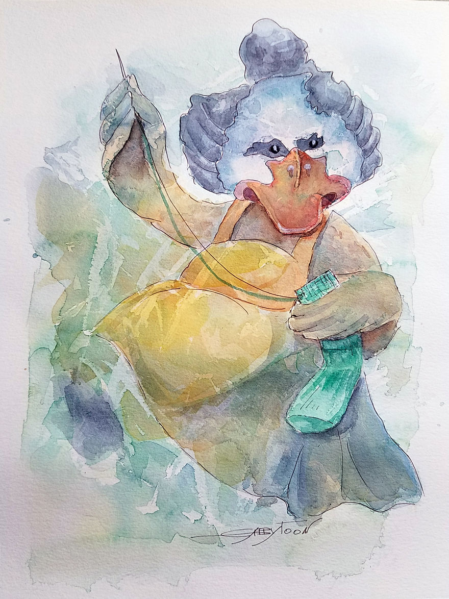 Fixing Socks Watercolor, Paper 9"x12"