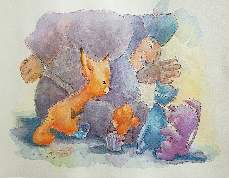 Who Put William In A Bucket? Watercolor, Pencils, Pastel, Ink, Paper 9"x12"