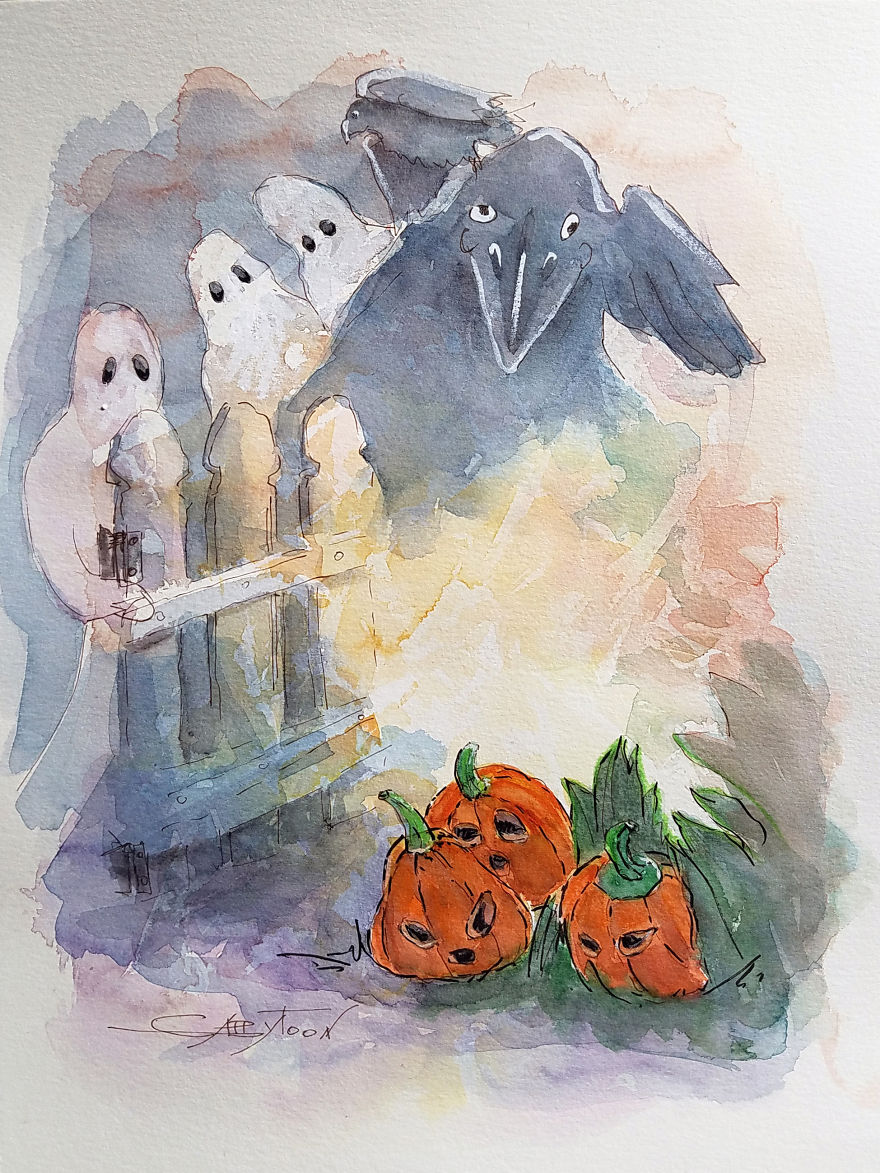 Scared Pumpkins Watercolor, Ink, Paper, 12"x9"