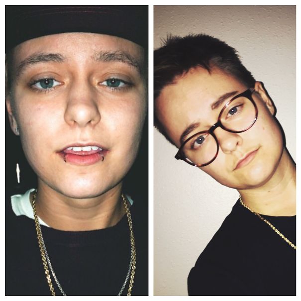 Before-and-after images showing transformation after quitting drinking, featuring a person with and without glasses.