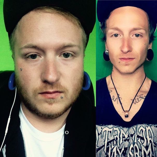 Before-and-after photos showing a man's transformation after quitting drinking.
