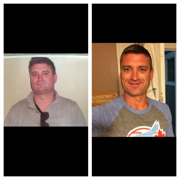 Side-by-side before and after photos showing a man’s transformation after he stopped drinking alcohol.