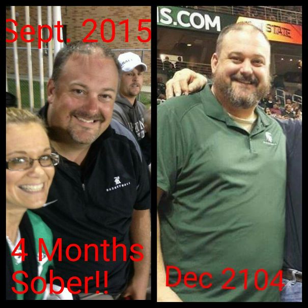 Man smiling in two side-by-side photos showing before and after 4 months sober with changes from drinking cessation