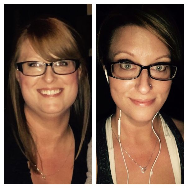 Before-and-after images of a woman showcasing changes after stopping drinking.