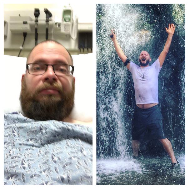 Before-and-after images of a man showing transformation after stopping drinking, from hospital bed to joyful under waterfall.
