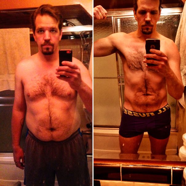 Side-by-side before and after pics showing man’s transformation after quitting drinking, highlighting health and fitness changes.