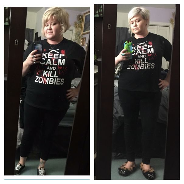 Side-by-side before and after photos of a woman showing changes after quitting drinking, wearing a black Keep Calm shirt.