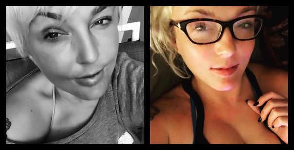 Side-by-side before and after photos of a woman showing changes after quitting drinking over time.