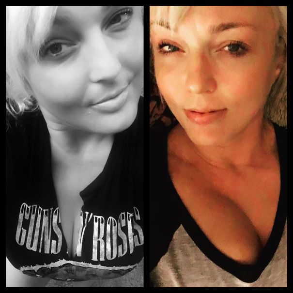 Side-by-side before and after images of a woman showing changes after quitting drinking, illustrating health transformation.