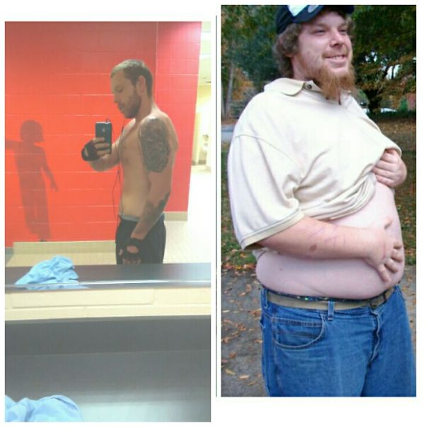 Side-by-side before and after pics showing physical transformation from quitting drinking with improved health and fitness.