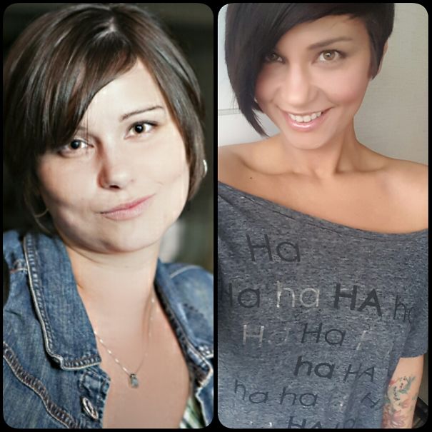 Before and after photos showing effects of quitting drinking on a woman's appearance and mood.