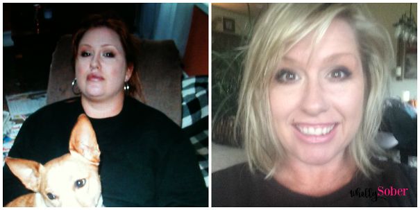 Side-by-side before-and-after photos showing changes in a woman’s appearance after quitting drinking for sobriety.