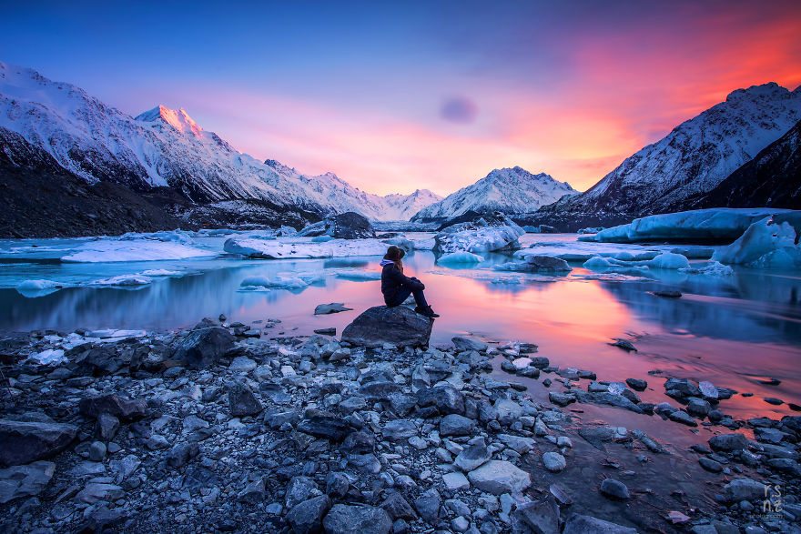 Incredible Skies At Sunrise At Tasman Glacier Lake, Mount Cook National Park