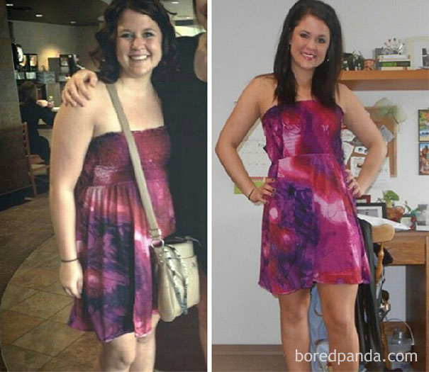 Before-and-after photo showing changes when you stop drinking, featuring a woman in a pink dress.