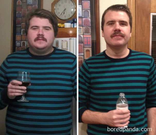Before-and-after photo showing effects of stopping drinking; person holds wine in one image, water in the other.