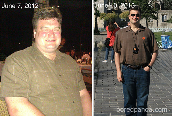 Man's physical transformation after quitting drinking, visible in before-and-after photos.