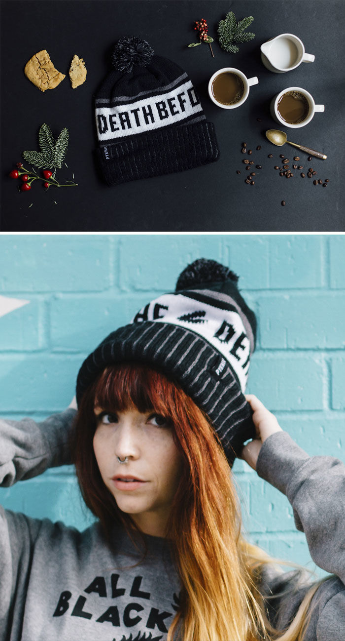 Death Before Decaf Coffee Cuffed Pom Knit Beanie Hat
