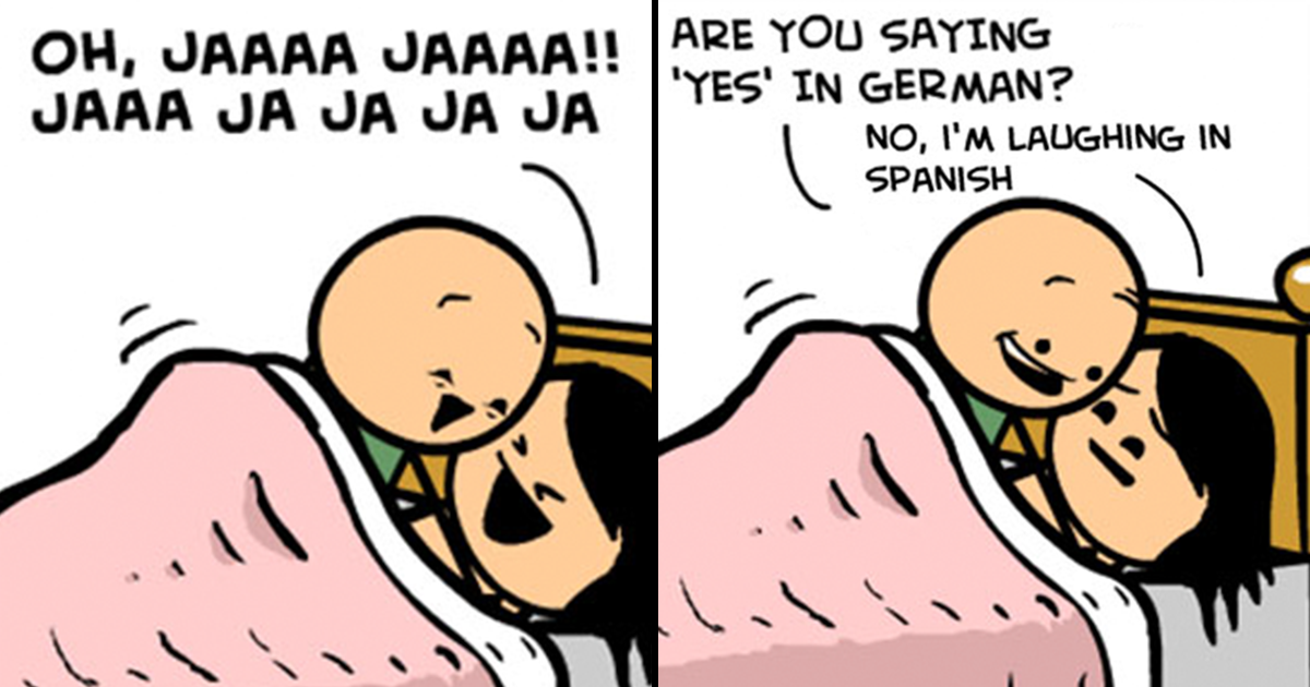 Couple laughing together in bed with humorous dialogue, featured in inappropriate comics about relationships by Cyanide & Happiness.