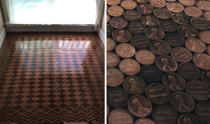 Woman Uses 13,000 Pennies To Renovate Old Floor And Turn It Into Stunning Patterns