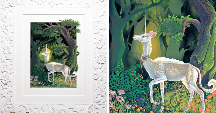 Medieval Unicorn Cut Paper Painting