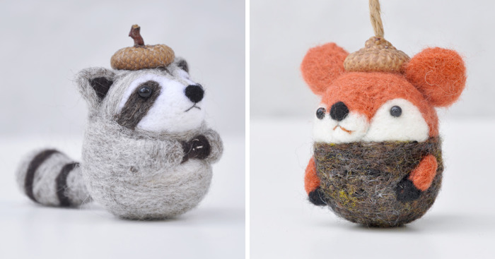 I Make Needle Felted Animal Ornaments Wearing Tiny Acorn Berets