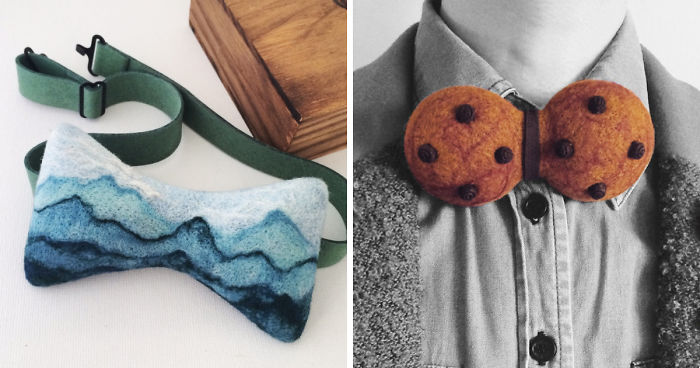 Unusual bow ties made from textured fabrics, featuring a blue mountain design and a cookie-inspired style worn on a shirt.