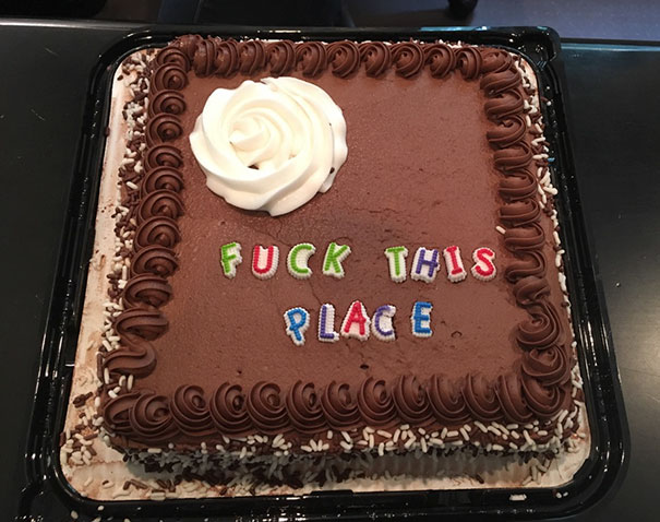 Hilarious farewell cake with a chocolate design and bold message for a departing employee.
