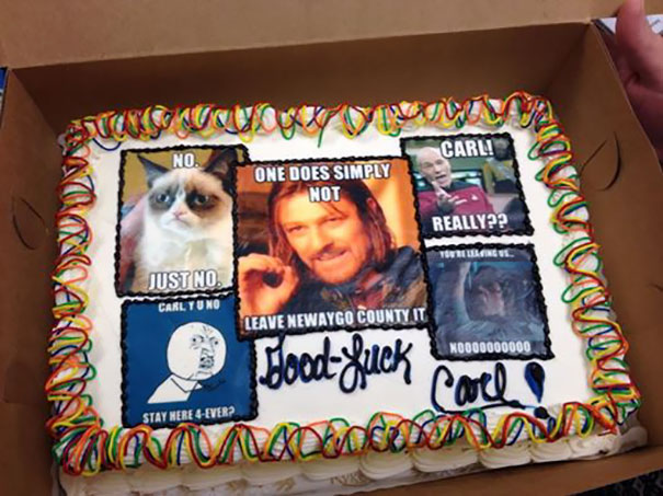 Farewell cake with memes and "Good Luck Carl" written on it, part of hilarious farewell cakes collection.