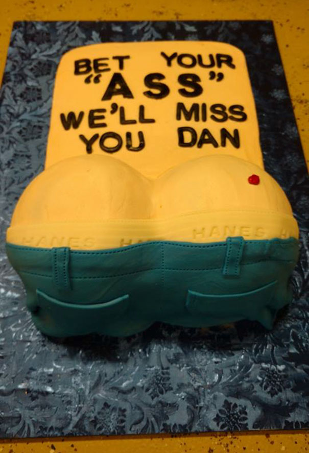Farewell cake for Dan with cheeky design and humorous message.